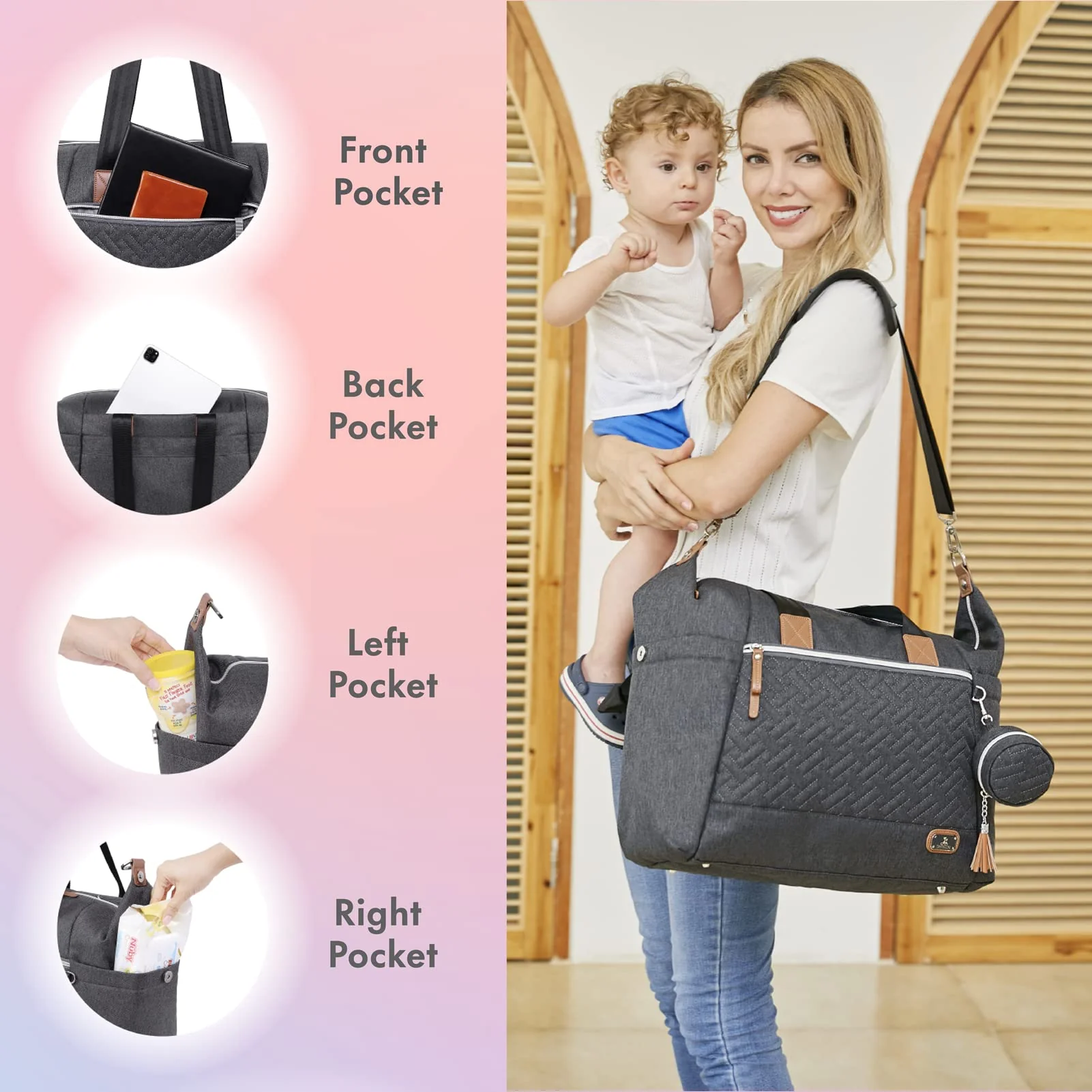 Dikaslon Diaper Bag Tote with Pacifier case and changing Pad, Large Travel Diaper Tote for Mom and Dad, Multifunction Baby Bag f