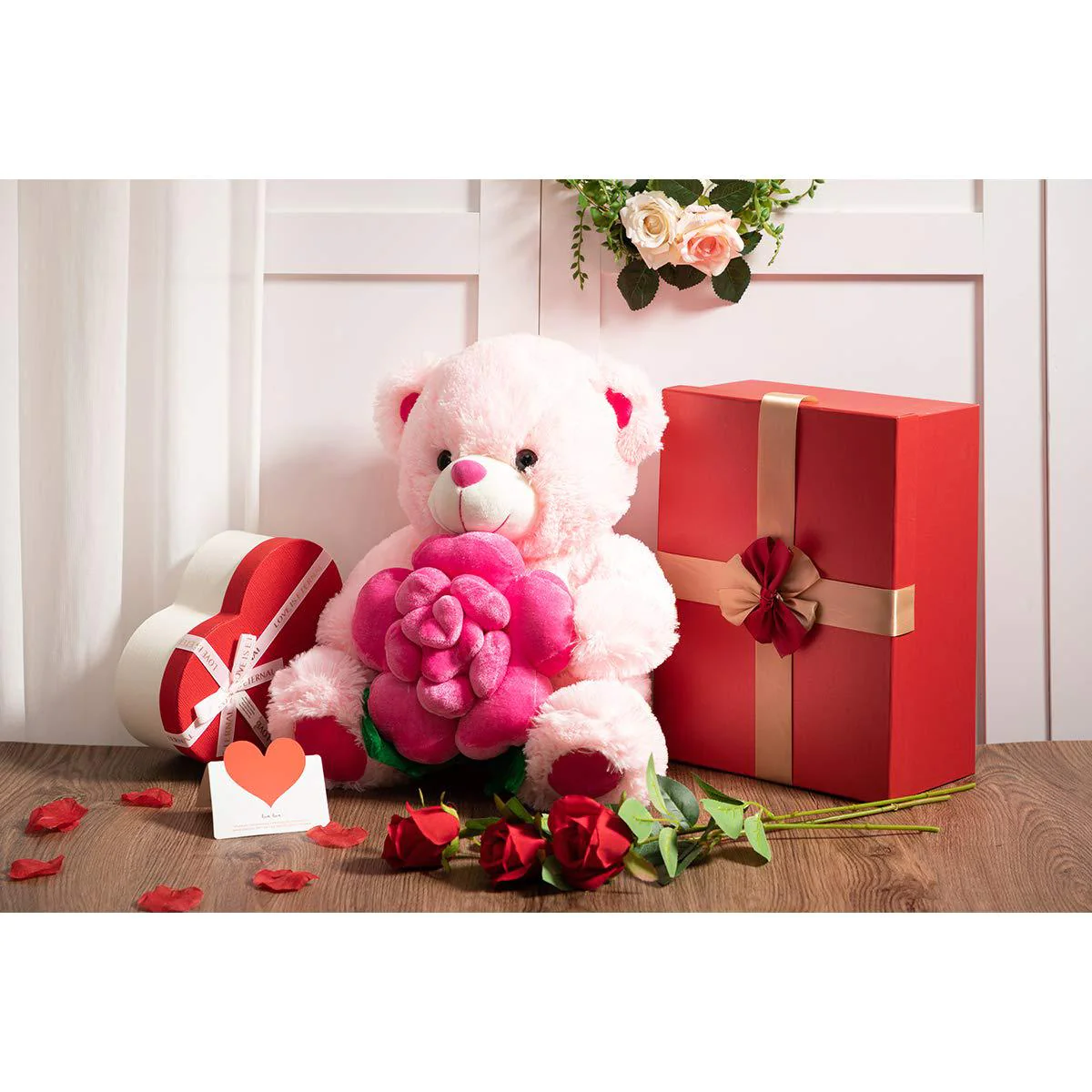 bejoy teddy bear stuffed animals plush bear holding rose soft plush toy valentine&s;s day, 16 inch, pink