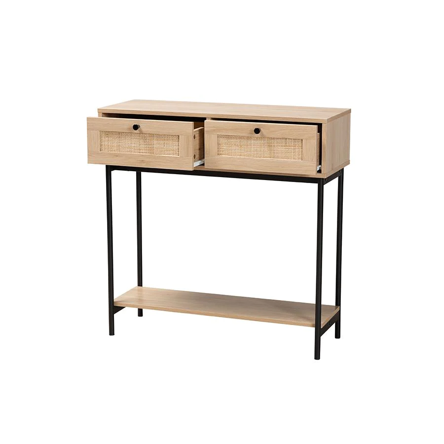 Baxton Studio Modern Light Brown  and Black 2-Drawer Console Table with Woven Rattan Accent