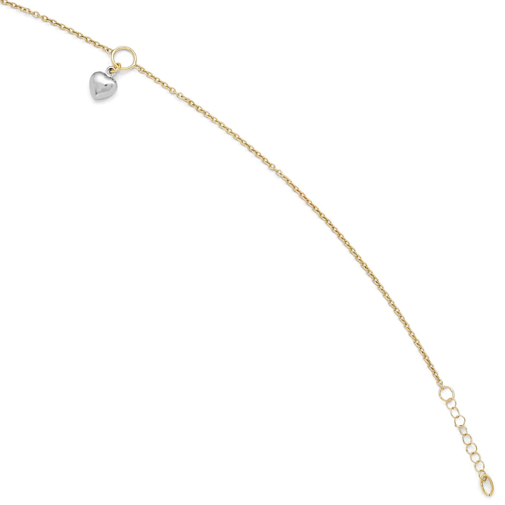 Black Bow Jewelry Company 14k Two Tone Gold Dangling Puffed Heart Anklet, 10-11 Inch