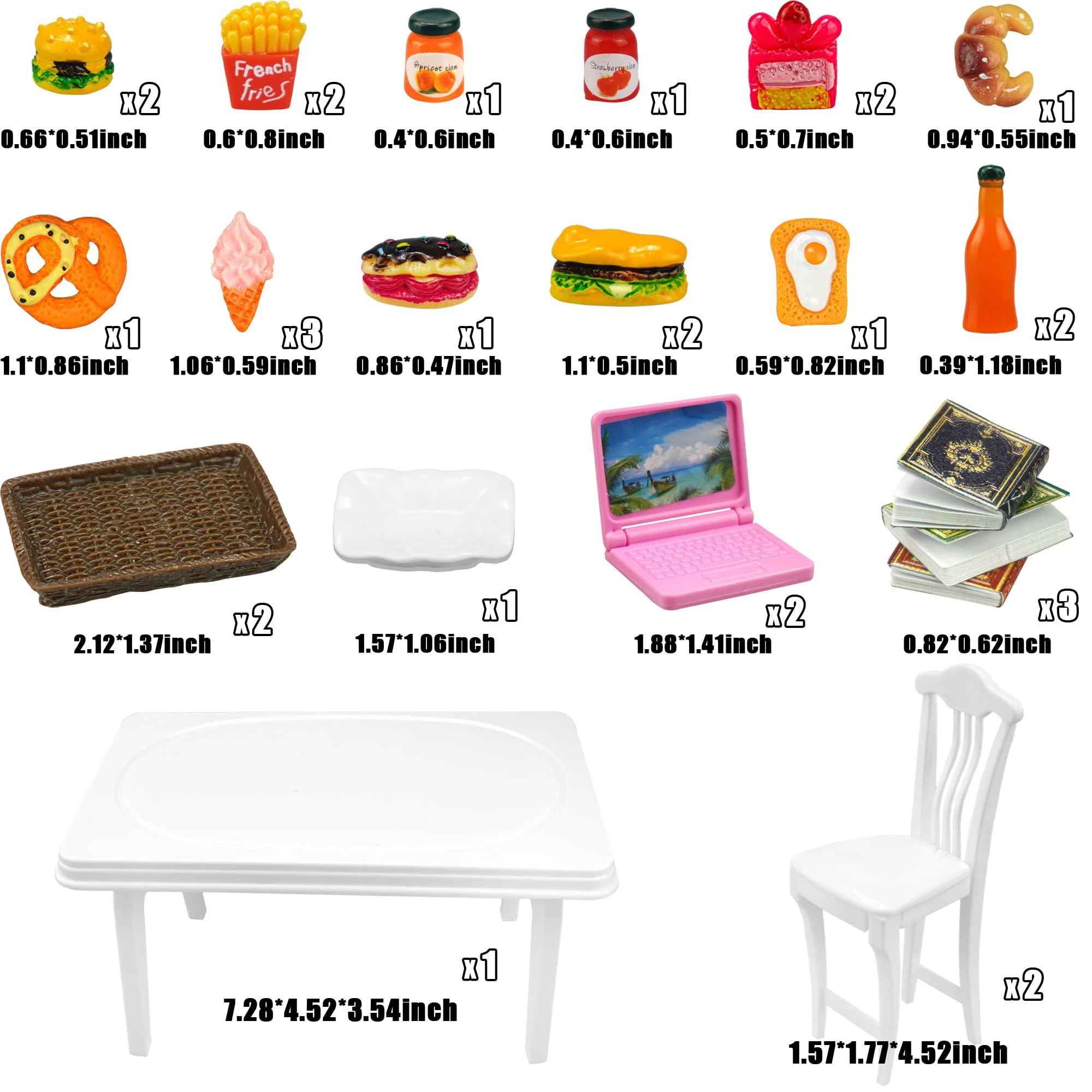 porafuk 30 pcs miniature food drinks laptop computer books toys dollhouse miniature furniture plastic table fits accessories scale do