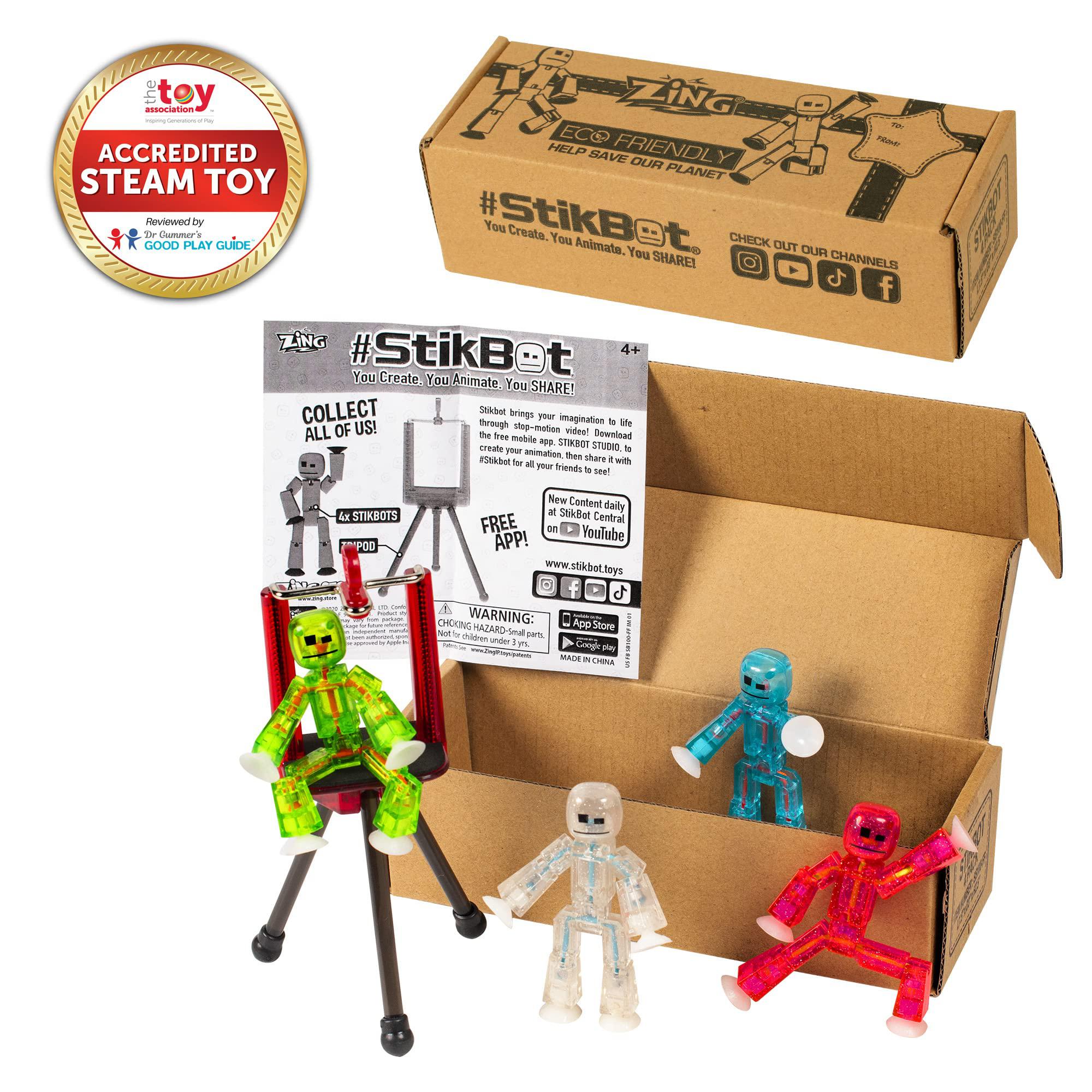 Zing Toys zing stikbots, set of 4 clear stikbot poseable action figures and mobile phone tripod, stop motion animation toys, great for