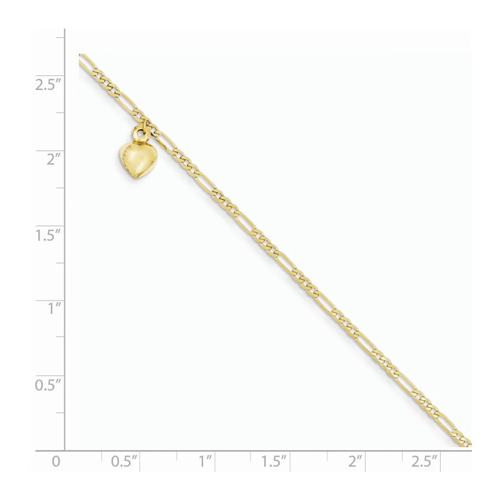 Jewelryweb 14k Yellow Gold Polished Figaro Link With Dangling Heart Anklet - 9 Inch - Spring Ring