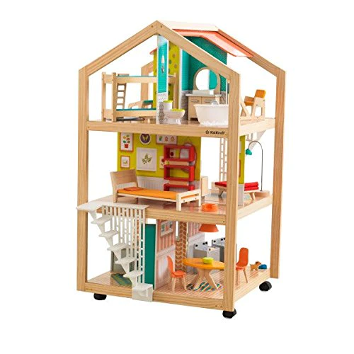 KidKraft So Stylish Mansion Wooden Mid-Century Dollhouse with EZ Kraft Assembly, Open-Concept, Wheeled Base and 42 Accessories,