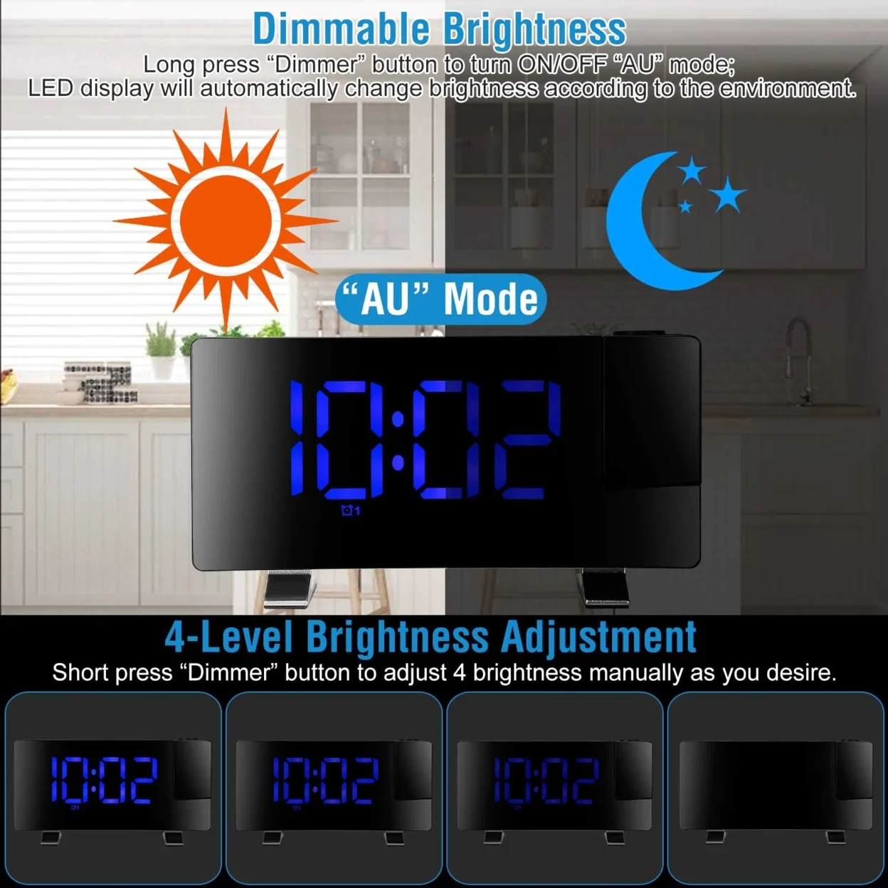 Generic Projection Alarm Clock with Radio Function 7.7In Curved-Screen LED Digital Alarm Clock Dual Alarms 4 Dimmer 12 24 Hour Blue