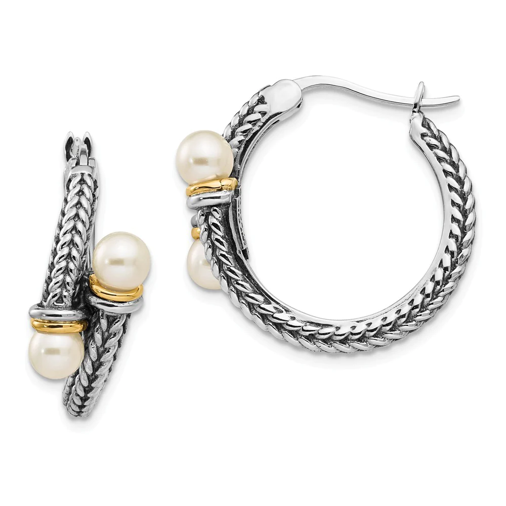 Jewelryweb Sterling Silver With 14k 4mm Freshwater Cultured Pearl Hoop Earrings - Measures 25x25mm Wide 8mm Thi