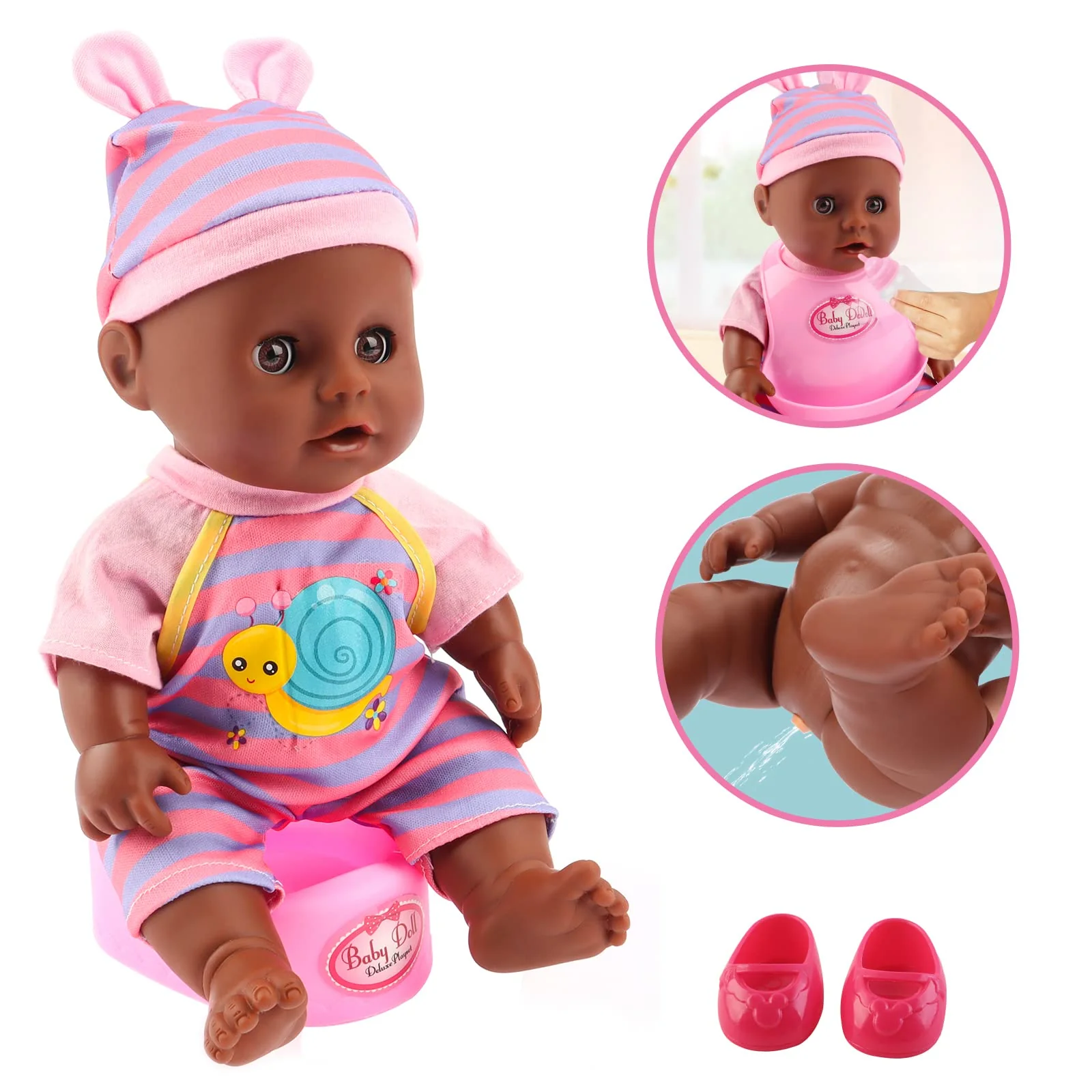 deAO Black Baby Doll Set with Crib American Baby Doll Set Mobile High Chair Stroller Feeding Accessories 21 Pieces Play Set (Bab