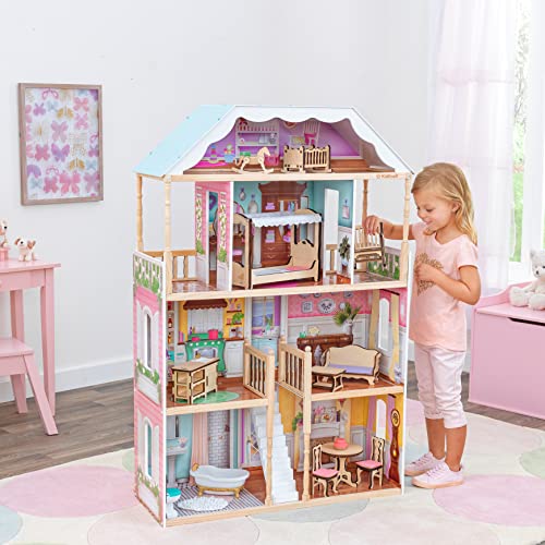 KidKraft Charlotte Classic Wooden Dollhouse with EZ Kraft Assembly™, 14-Piece Accessory Set, for 12-Inch Dolls, Gift for Ages 3+