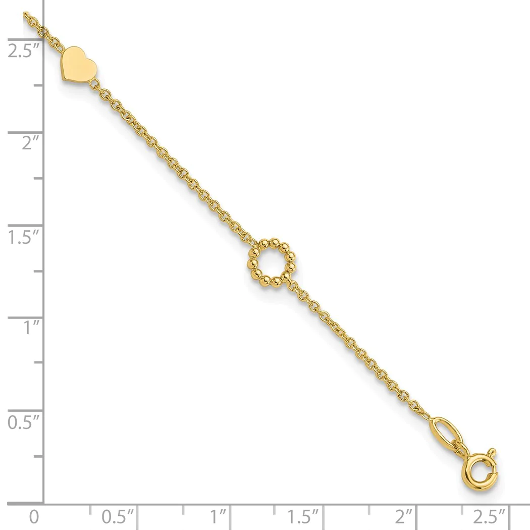 Jewelryweb 6.25mm 14k Heart Plus 1in Extension Anklet - 9 Inch