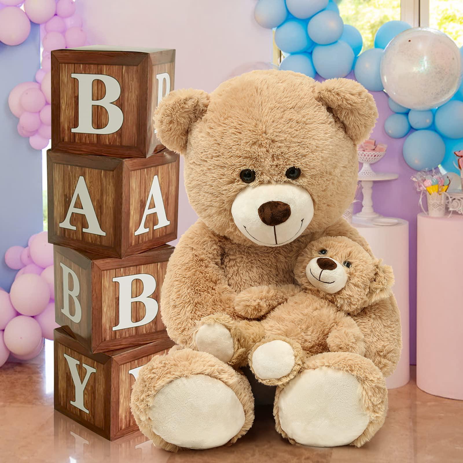 morismos giant teddy bear mommy and baby bear soft plush bear stuffed animal for teddy bear baby shower, tan, 39 inches
