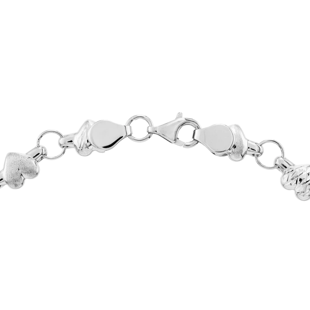 Jewelryweb 14k White Gold Alternating Sparkle-Cut Satin Heart and Hoop Stampato Bracelet - 10 Inch
