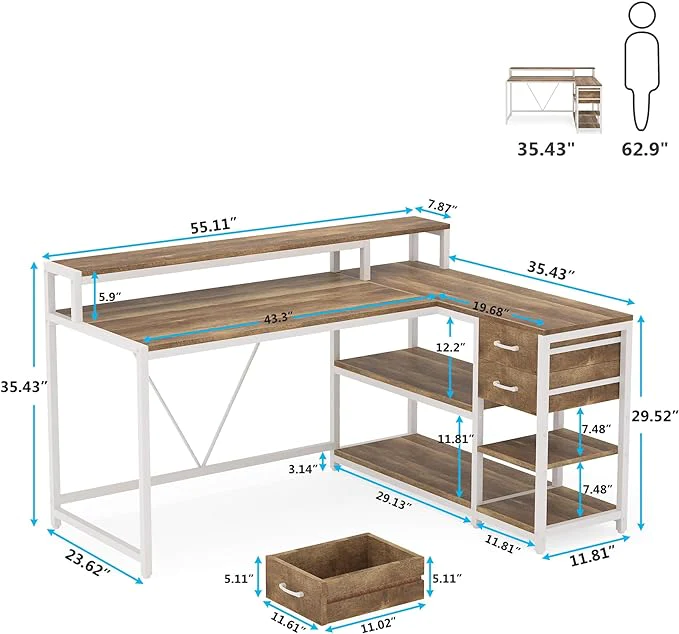 Tribesigns Reversible L Shaped Desk with Drawer, Home Office Table with Storage Shelves and Monitor Stand for small space