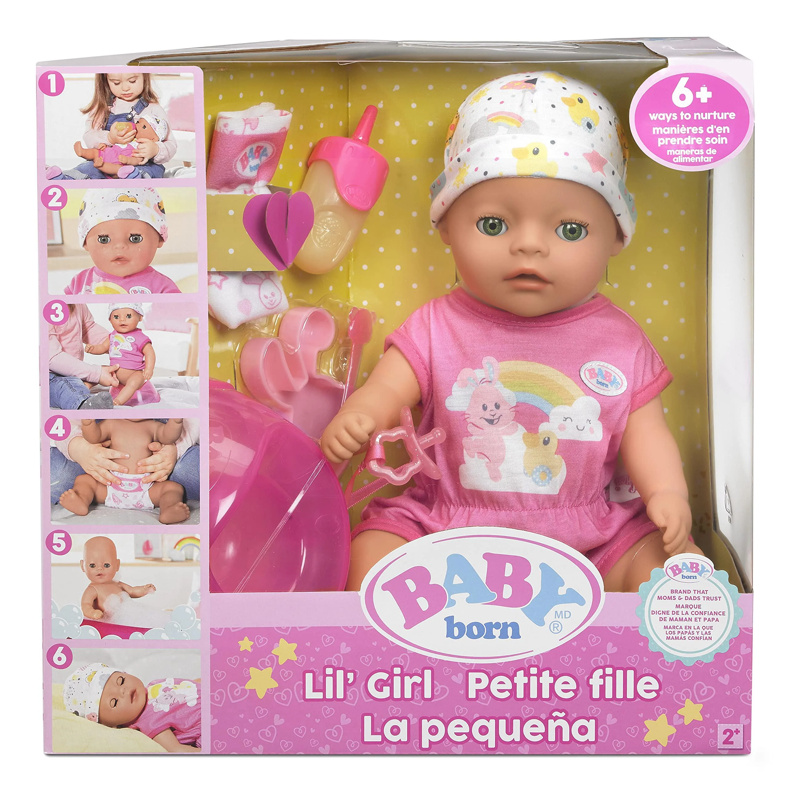 baby born 14 interactive lil girl baby doll - green eyes. easy for small hands, 6+ ways to nurture, includes bottle, potty an