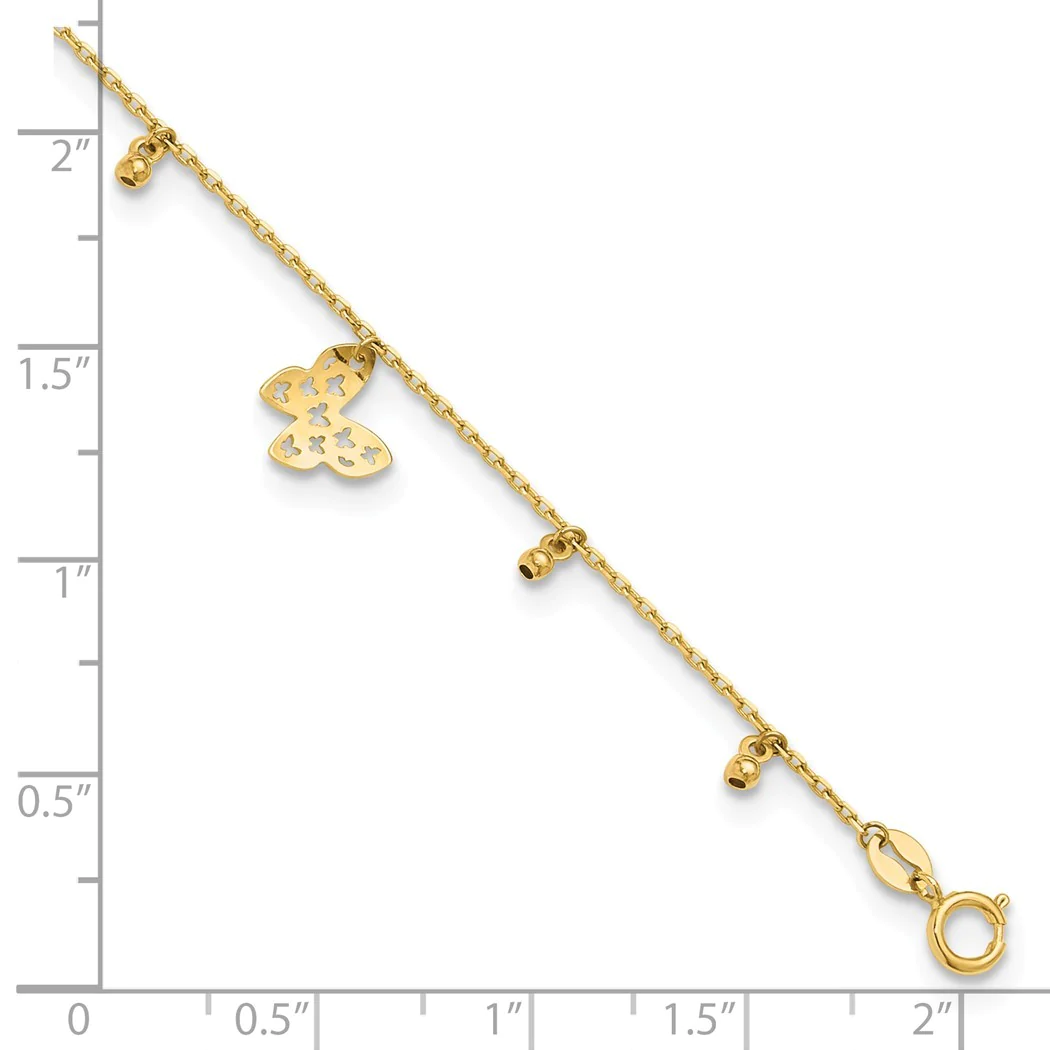 Jewelryweb 14k Polished Butterfly Plus 1in. Extension Anklet - Measures 1mm Wide - 9 Inch