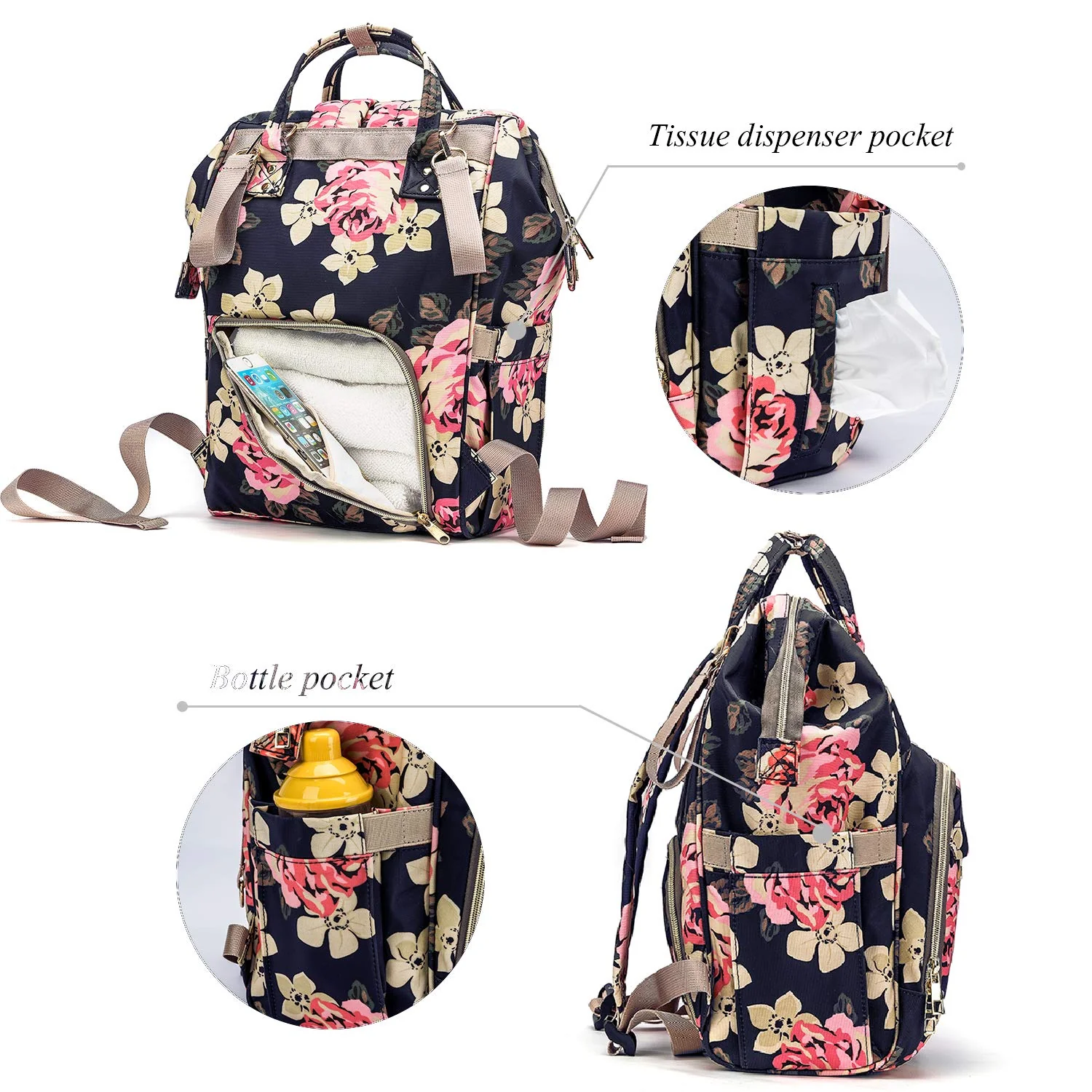 Srotek Diaper Bag Backpack Floral Baby Bag Water-Resistant Baby Nappy Bag with Insulated Water Bottle Bagchanging Pad for Womeng