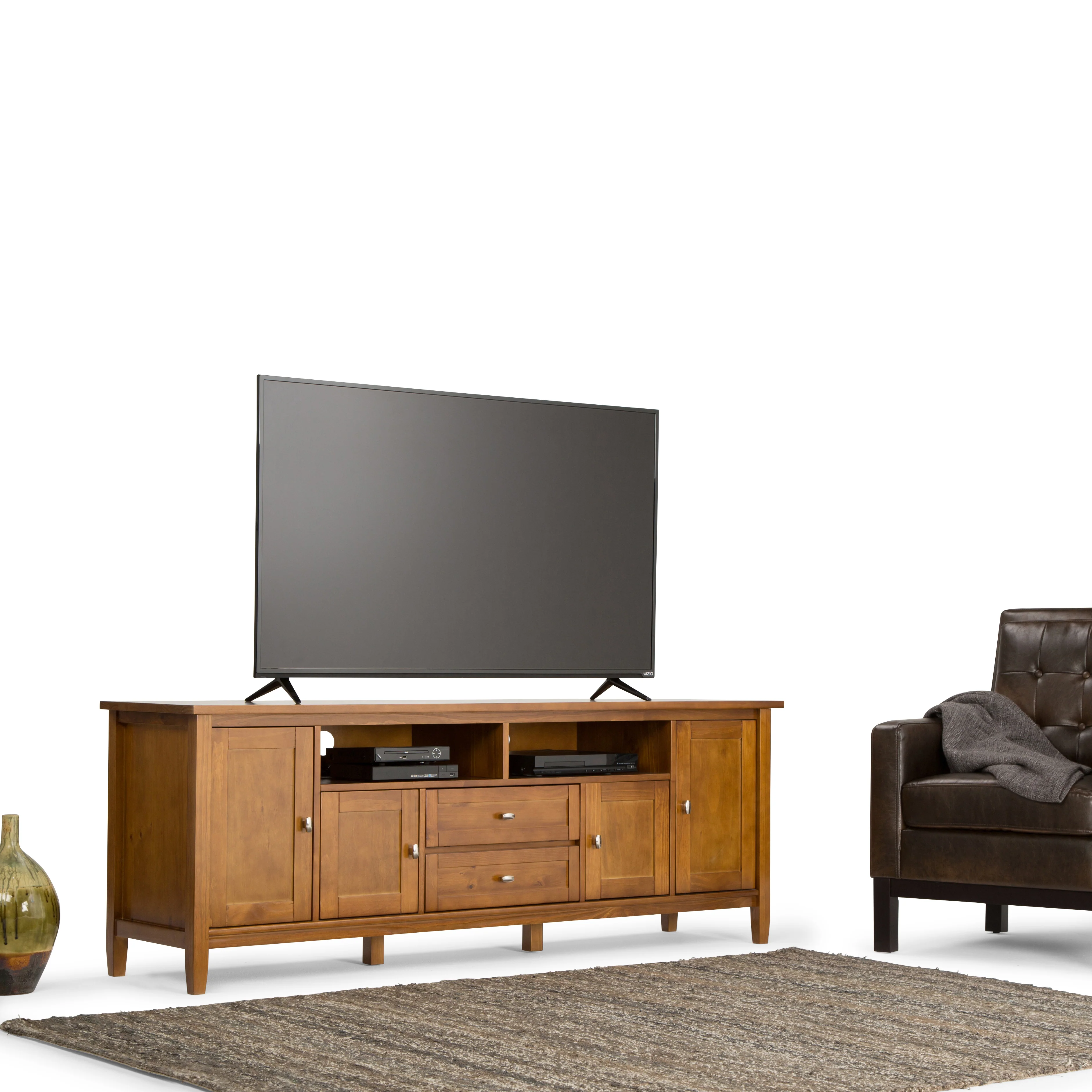 Simpli Home Warm Shaker SOLID WOOD 72 inch Wide Transitional TV Media Stand in Light Golden Brown For TVs up to 80 inches