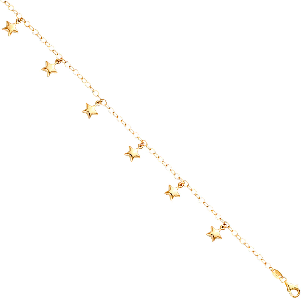 Jewelryweb 14k Yellow Gold Hanging Star Anklet 9 + 1 - 9 Inch