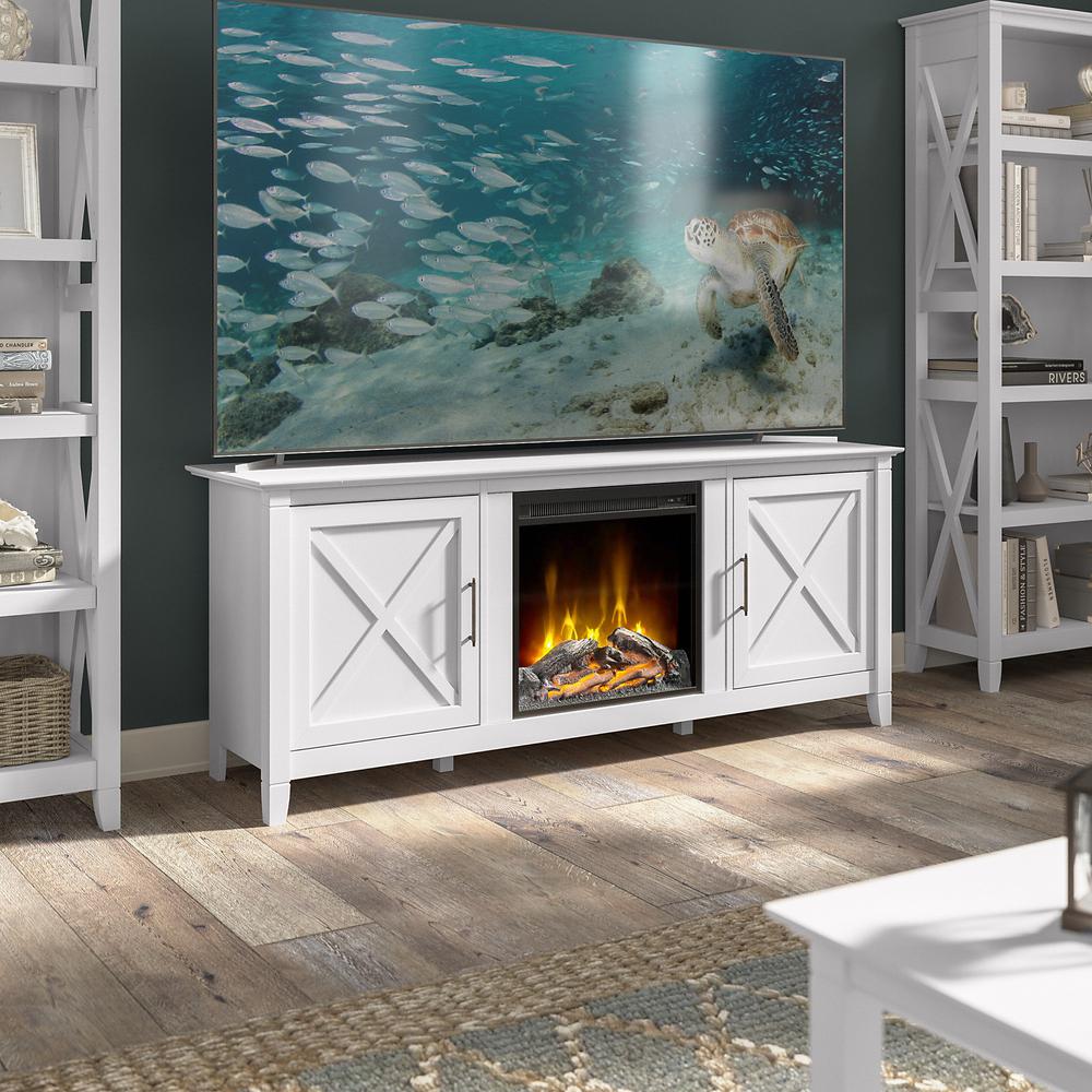 Bush Furniture Key West Electric Fireplace TV Stand for 70 Inch TV, Pure White Oak