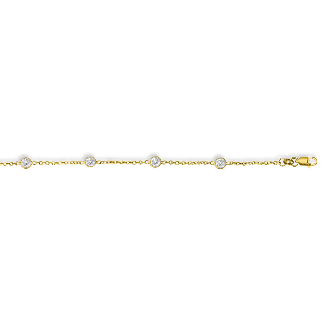 Jewelryweb 14k Yellow Gold Cable Link Chain Anklet With Lobster Clasp 9 Round Faceted White CZ - 10 Inch