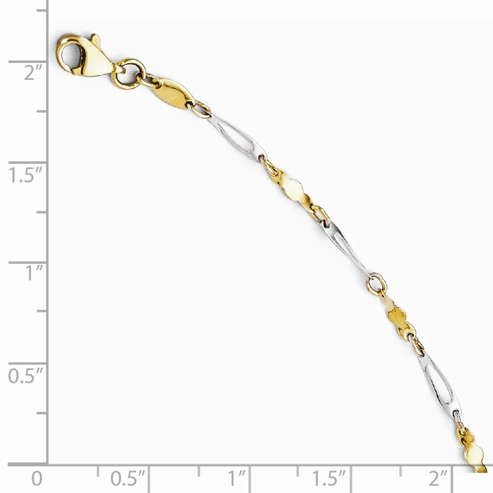 Jewelryweb 14k Two-Tone Gold Polished Fancy Link Anklet - 10 Inch - Measures 3mm Wide