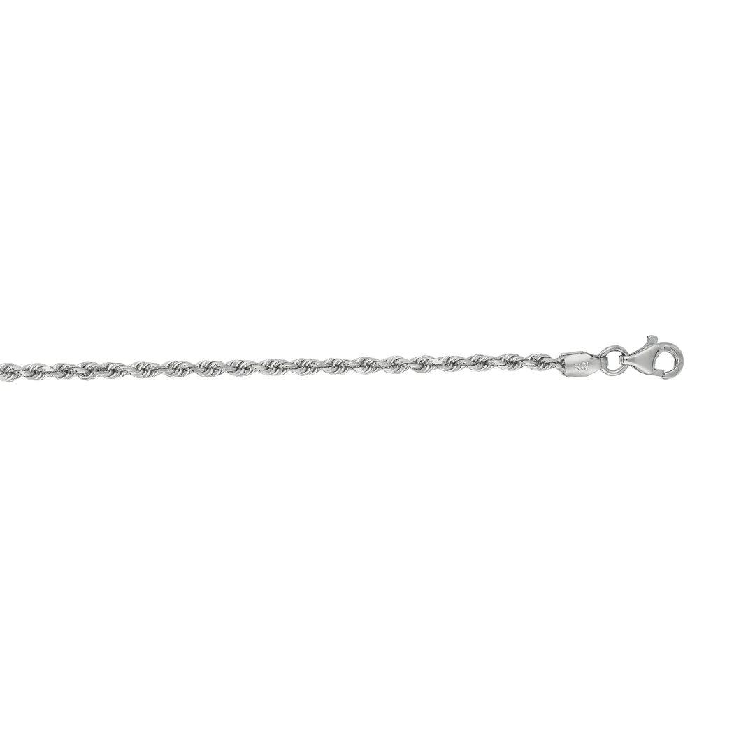 Jewelryweb 14k White Gold 2.25mm Shiny Solid Sparkle-Cut Rope Chain With Lobster Clasp Anklet - 10 Inch