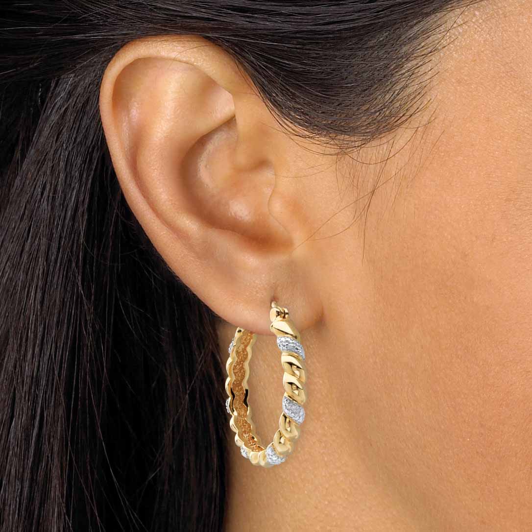 PalmBeach Jewelry Diamond Accent Two-Tone Banded Hoop Earrings Gold-Plated (31mm)