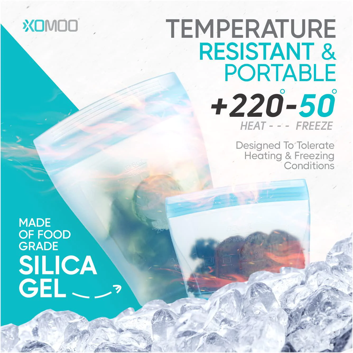 XOMOO reusable food container silicone bag, upgrade second generation 6 pcs containers storage, 100% silicone food bag, stand up pr