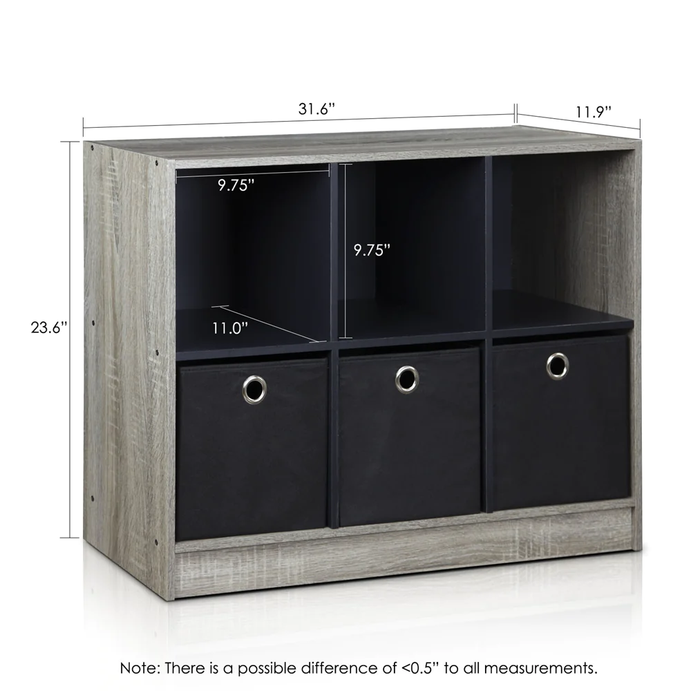 FURINNO Basic 3x2 Bookcase Storage w/Bins, French Oak Grey/Black