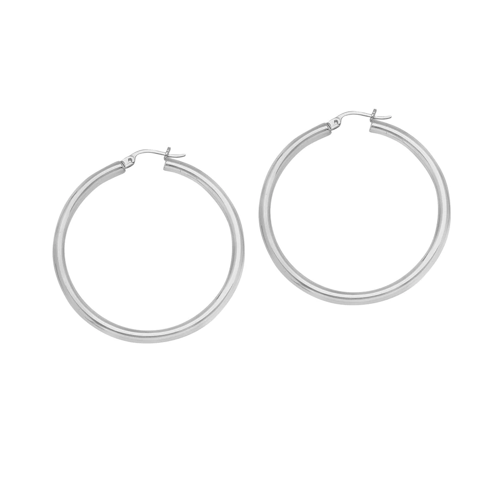 Jewelryweb Sterling Silver Rhodium Plated 3x35 Plain Round Hoop Earrings Rhodium