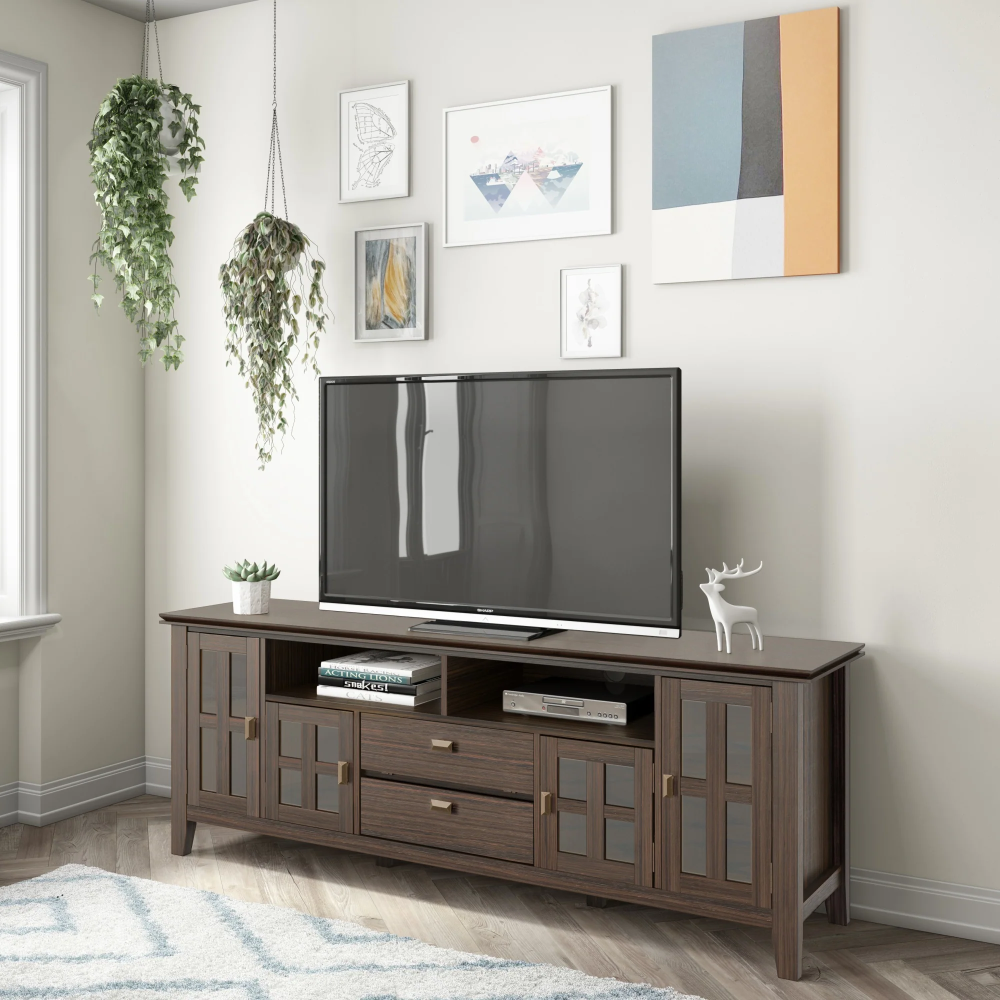 Simpli Home Artisan SOLID WOOD 72 inch Wide Transitional TV Media Stand in Farmhouse Brown For TVs up to 80 inches
