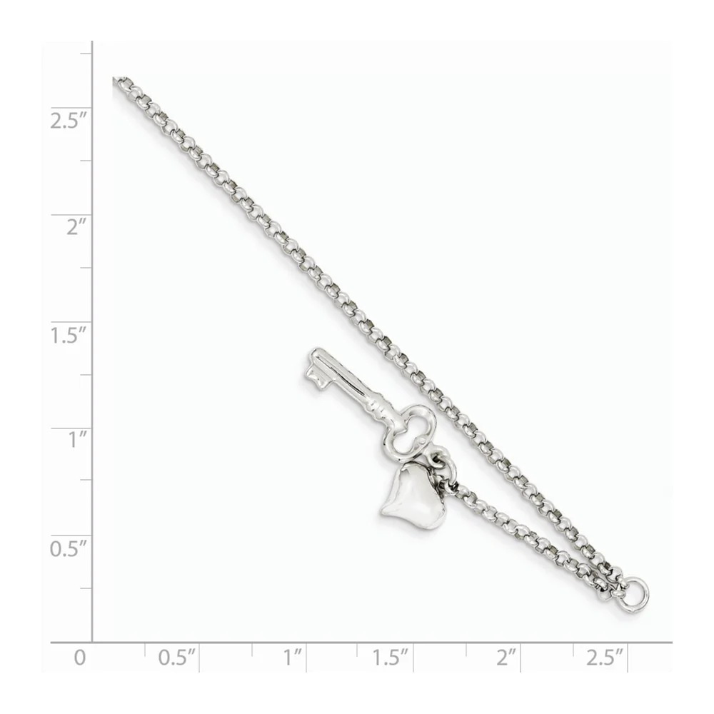 Jewelryweb 14k White Gold Adjustable Puffed Heart Key Anklet - 10 Inch - Lobster Claw