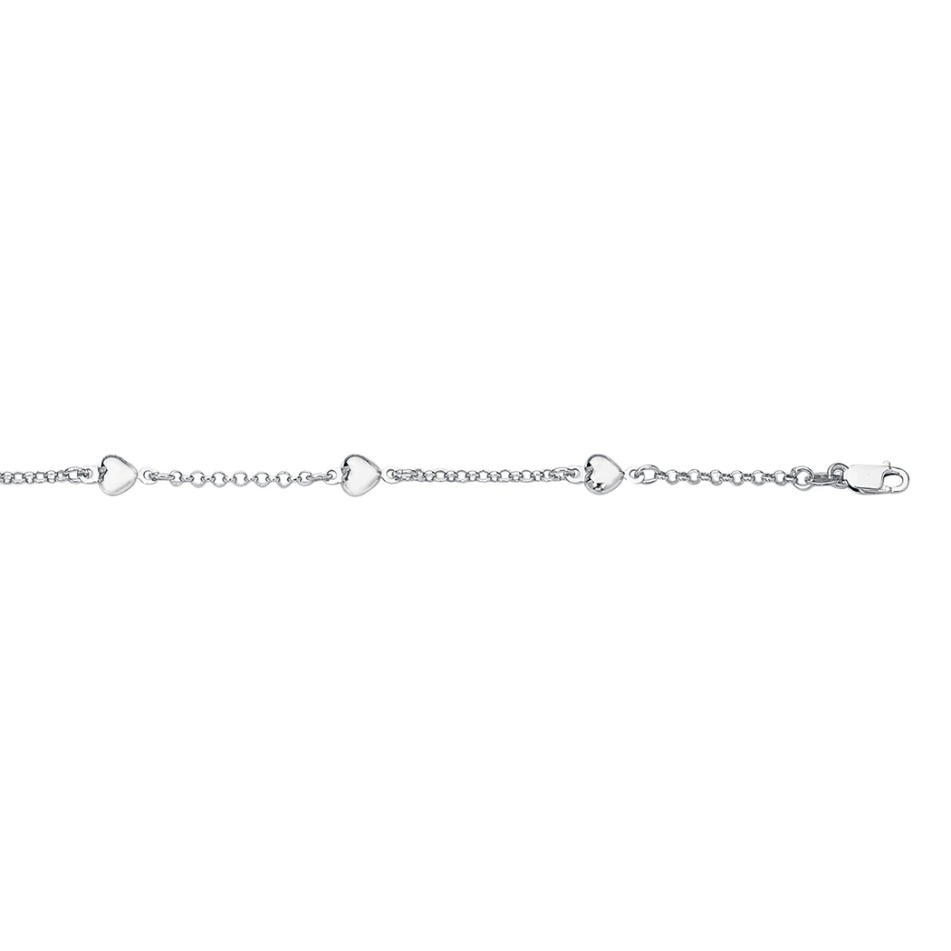 Jewelryweb 14k White Gold Shiny Rolo Chain Link Puffed Heart Adjustable Anklet With Lobster Clasp - 10 Inch