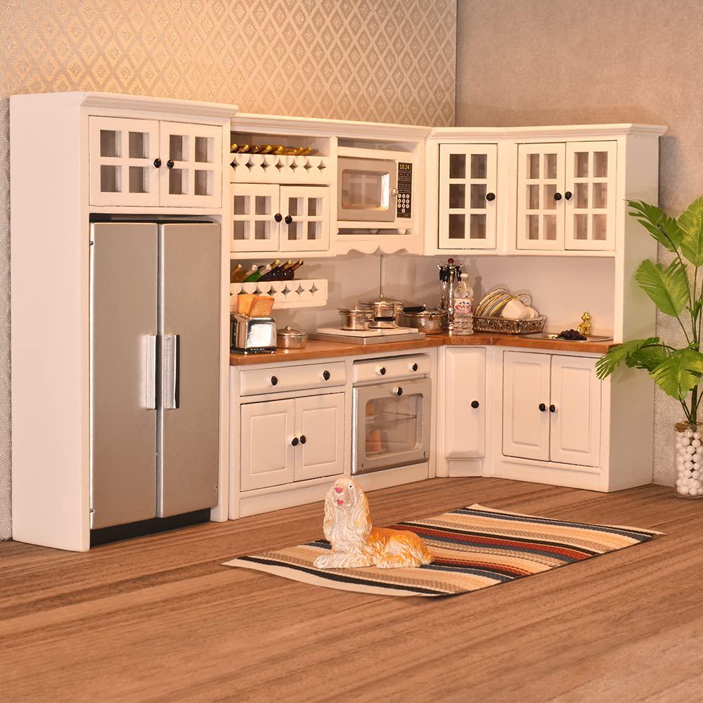 iland wooden dollhouse furniture set on 1/12 scale for dollhouse kitchen incl modern miniature kitchen cabinets, fridge, oven