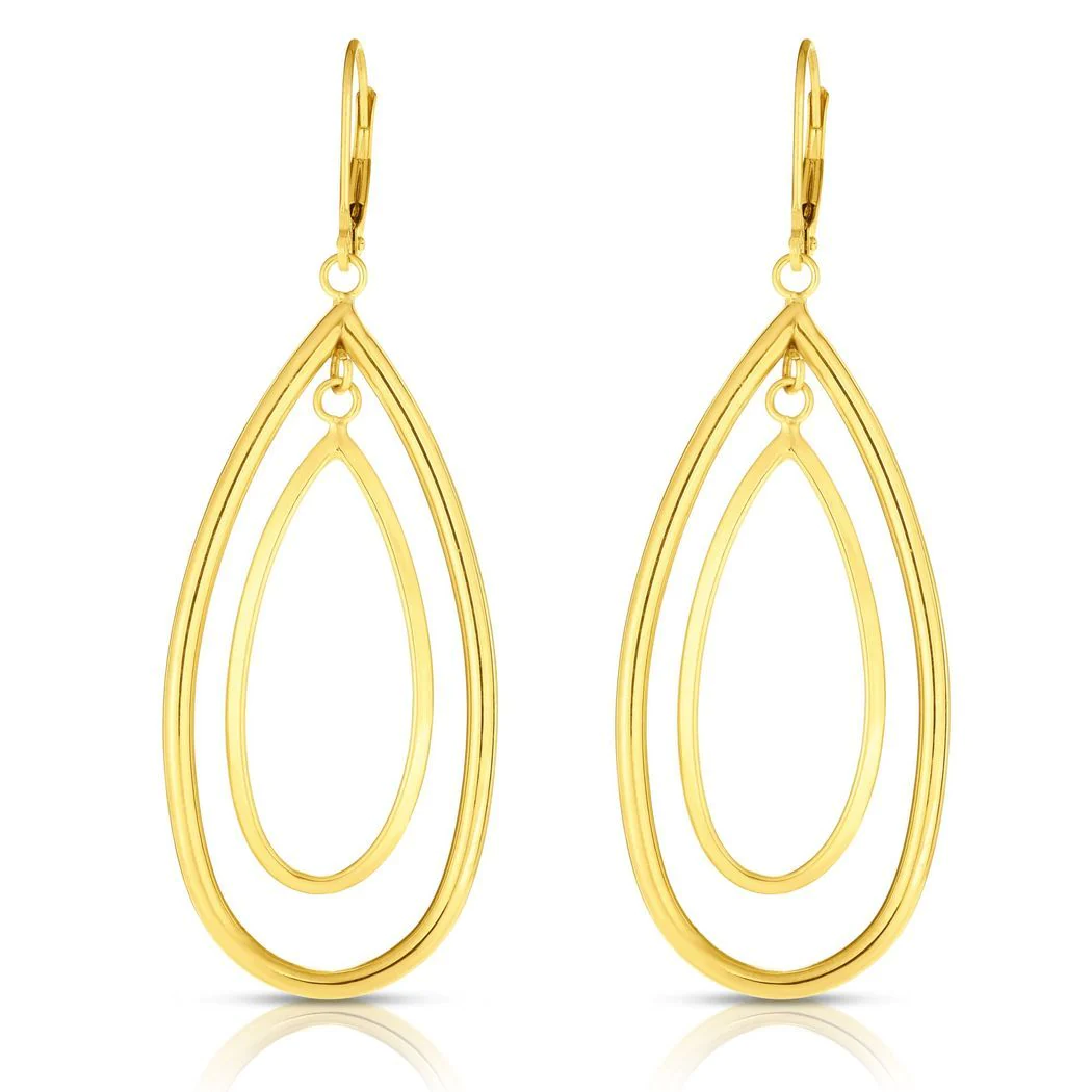 Jewelryweb 14k Gold Yellow Finish 21x60mm Shiny Fancy Drop Concentric Tear Drop Earrings With Lever Back Clasp