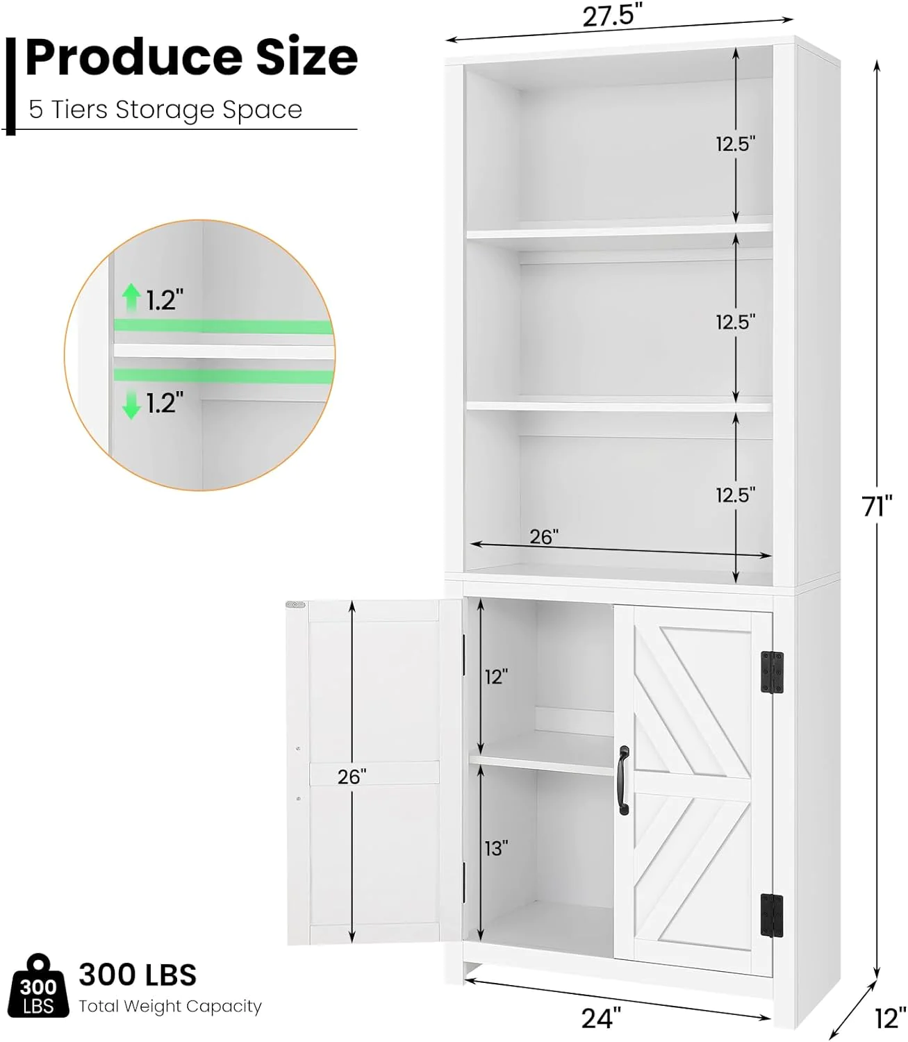 SEJOV 5-Tier Wood Bookcase w/Cabinet Doors,71