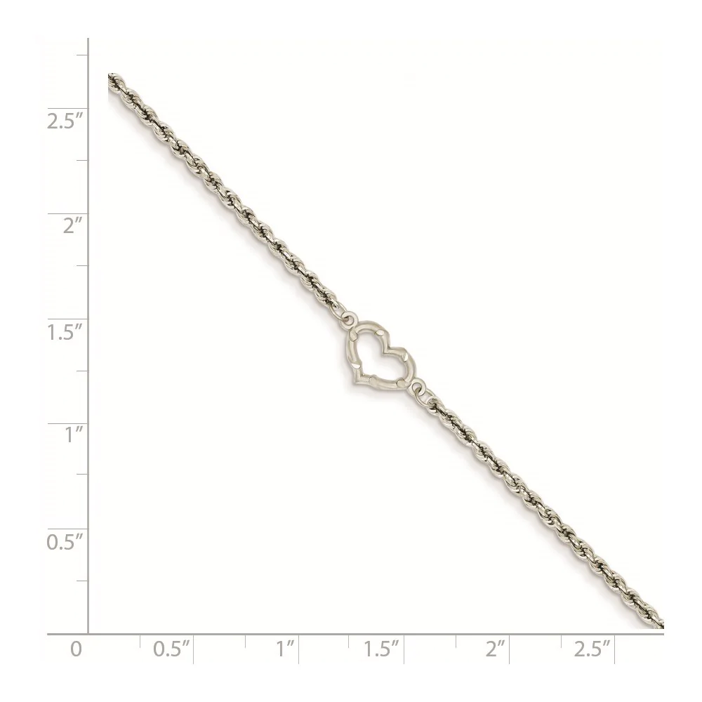 Jewelryweb 14k White Gold Rope with Heart Anklet - 10 Inch - Lobster Claw - Measures 10mm Wide