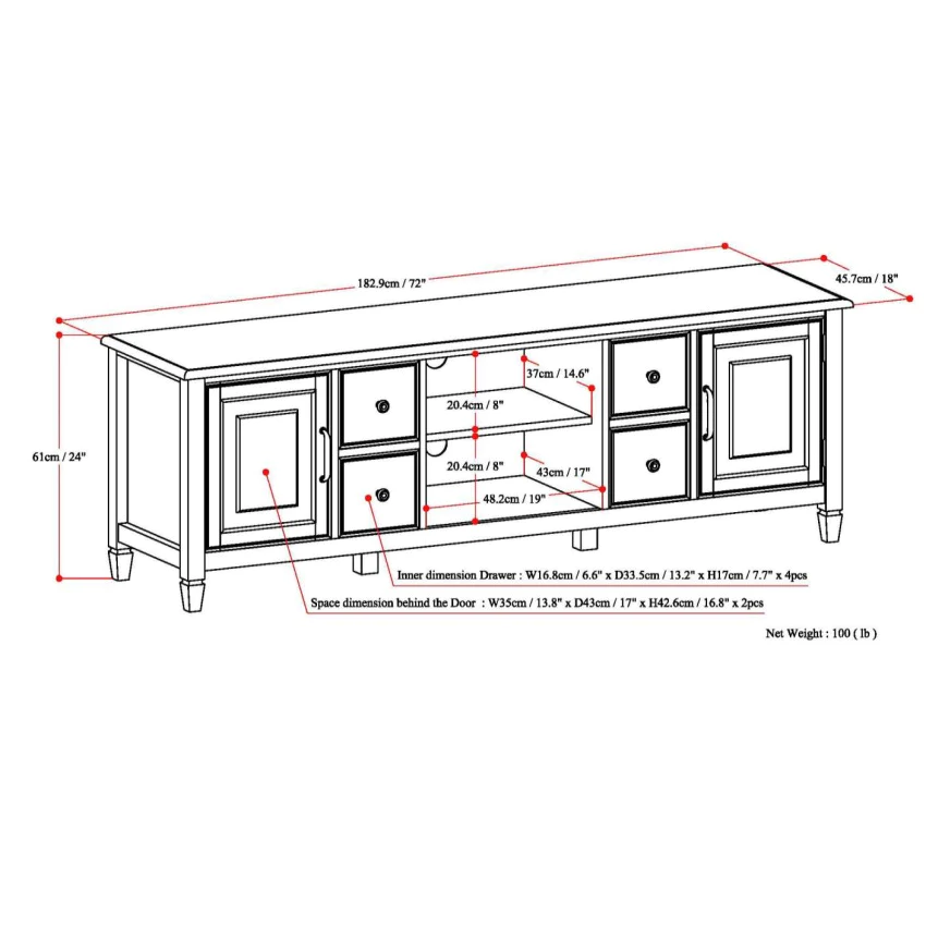 Simpli Home Connaught Solid Wood 72 inch Wide Traditional TV Media Stand in Dark Chestnut Brown For TVs up to 80 inches