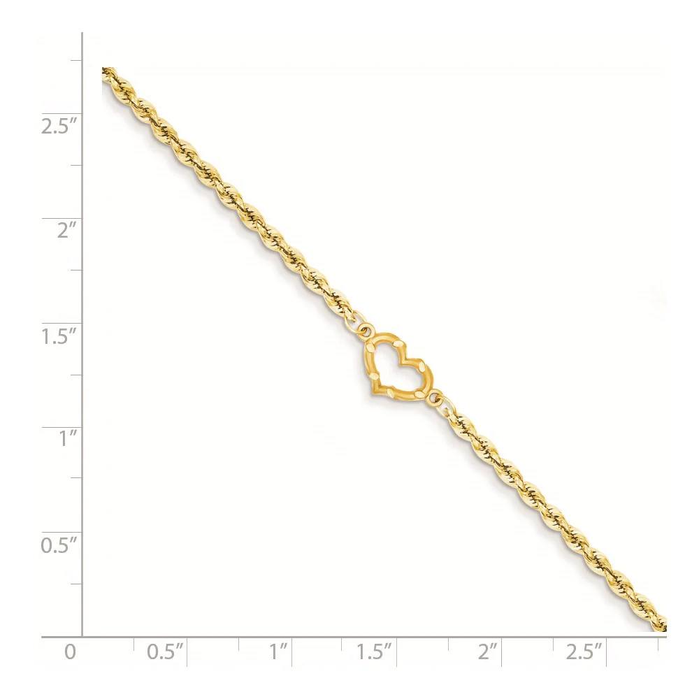Jewelryweb 14k Yellow Gold Open Heart Rope Anklet - 10 Inch - Lobster Claw - Measures 10mm Wide