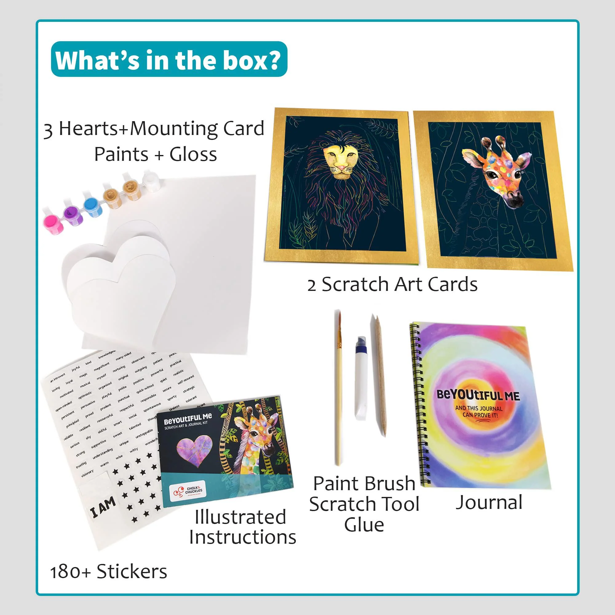 chalk and chuckles beyoutiful me art and craft kit ages 8-14, scratch art, creative diy gifts for girls, boys age 9, 10, 11,