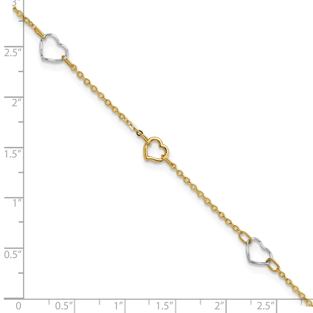 Jewelryweb 14k Two-tone Gold Polished Heart Plus 1in Ext Anklet - 9 Inch - Measures 1.5mm Wide
