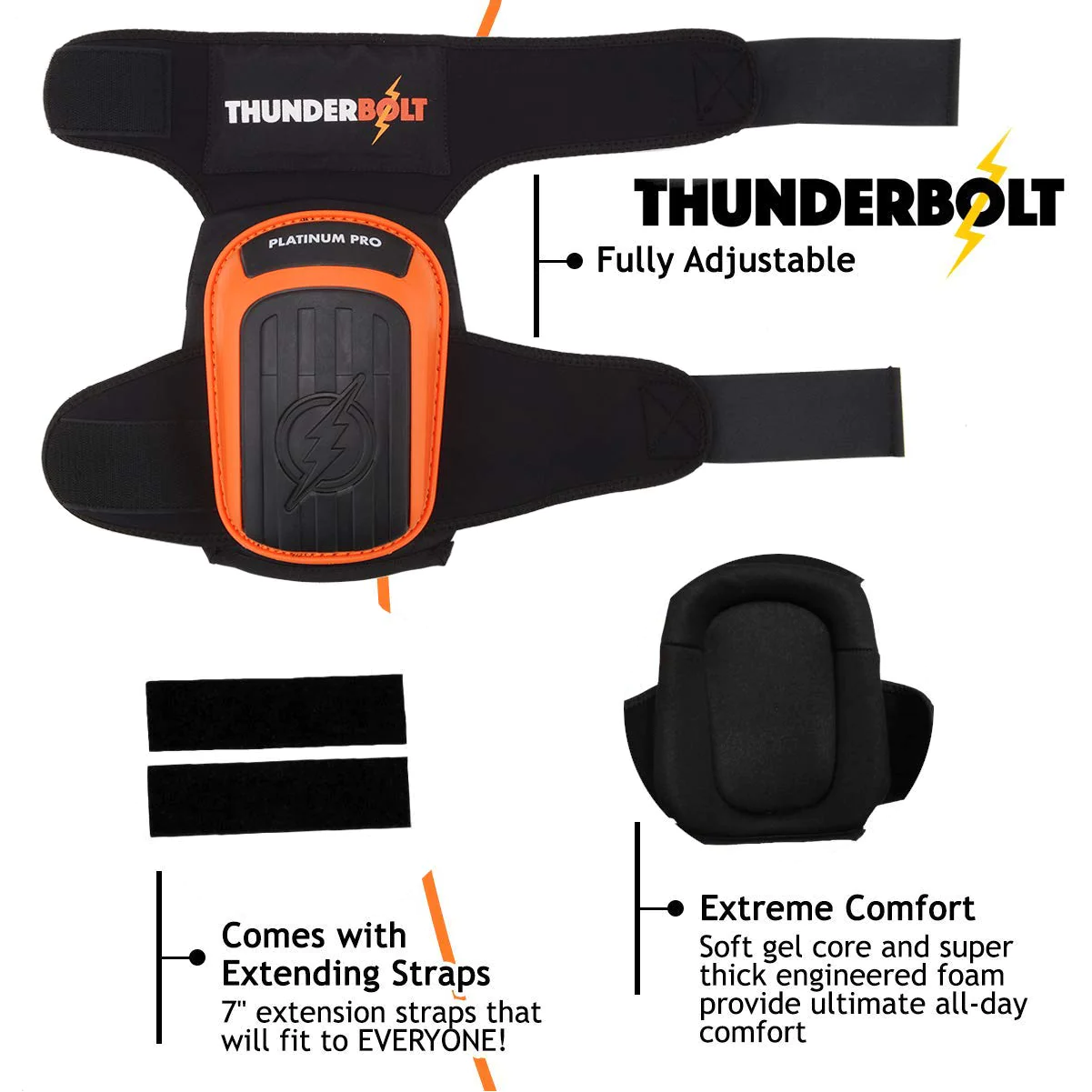 Generic THUNDERBOLT Knee Pads for Work, Construction, Flooring, Gardening, Cleaning, with Double Gel, Thick Foam Cushion and Strong Adj