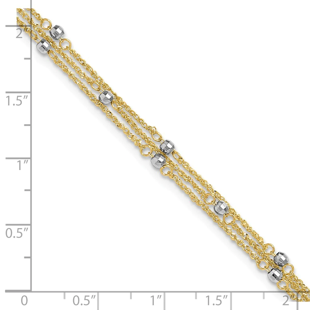 Jewelryweb 6mm 14k Two-tone Triple Strand Plus 1in Extension Anklet - 10 Inch