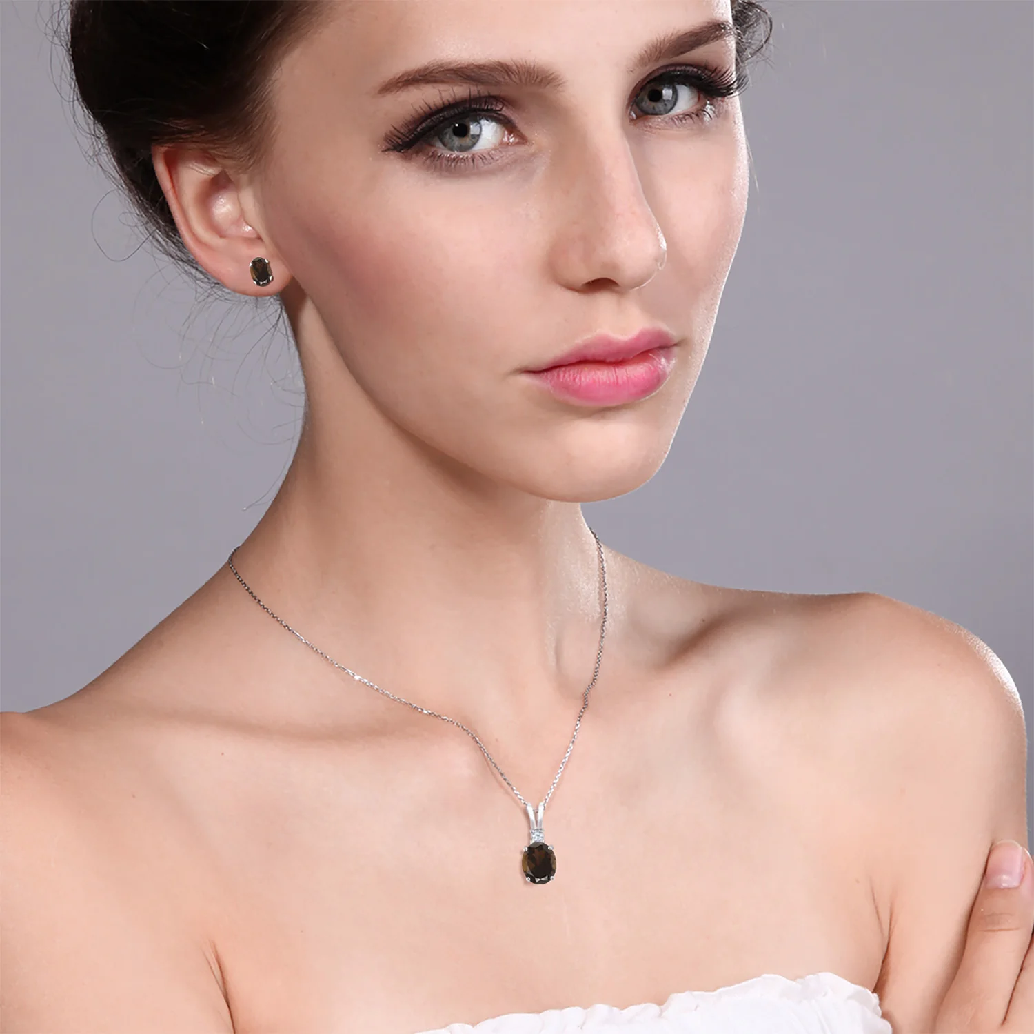 Gem Stone King 925 Sterling Silver Brown Smoky Quartz Pendant and Earrings Jewelry Set For Women (2.75 Cttw, Oval 8X6MM, with 18 Inch Chain)