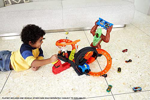 hot wheels toxic gorilla slam gas station &a; tire repair shop playset with adjustable launcher, lights &a; sounds &a; 1 1:64 scale