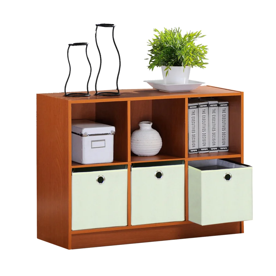 FURINNO Basic 3x2 Bookcase Storage w/Bins, Light Cherry/Ivory