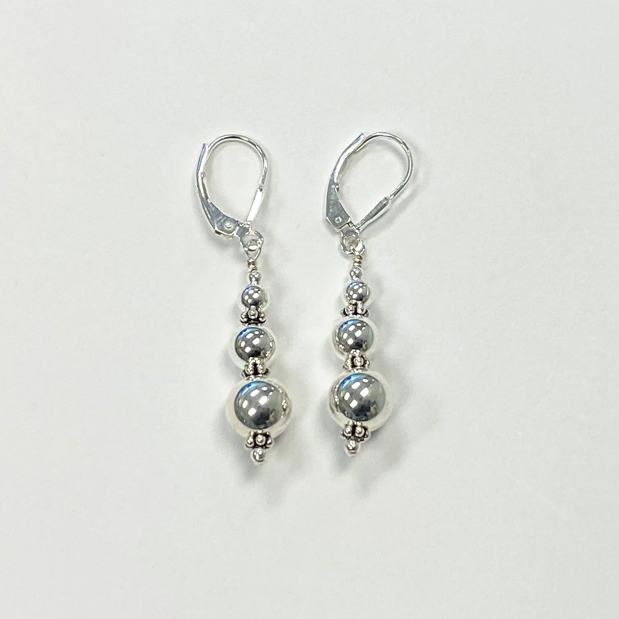 Gem Avenue 925 Sterling Silver Bali accents Triple Round Beads Handmade Leverback Drop Earrings
