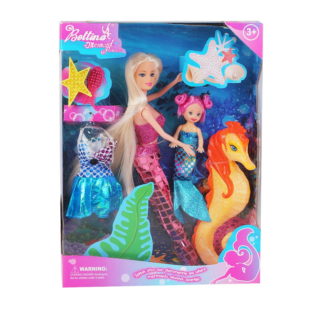BETTINA Mermaid Princess Doll with Little Mermaid &a; Seahorse Play gift Set Mermaid Toys with Accessories and Doll clothes for Li