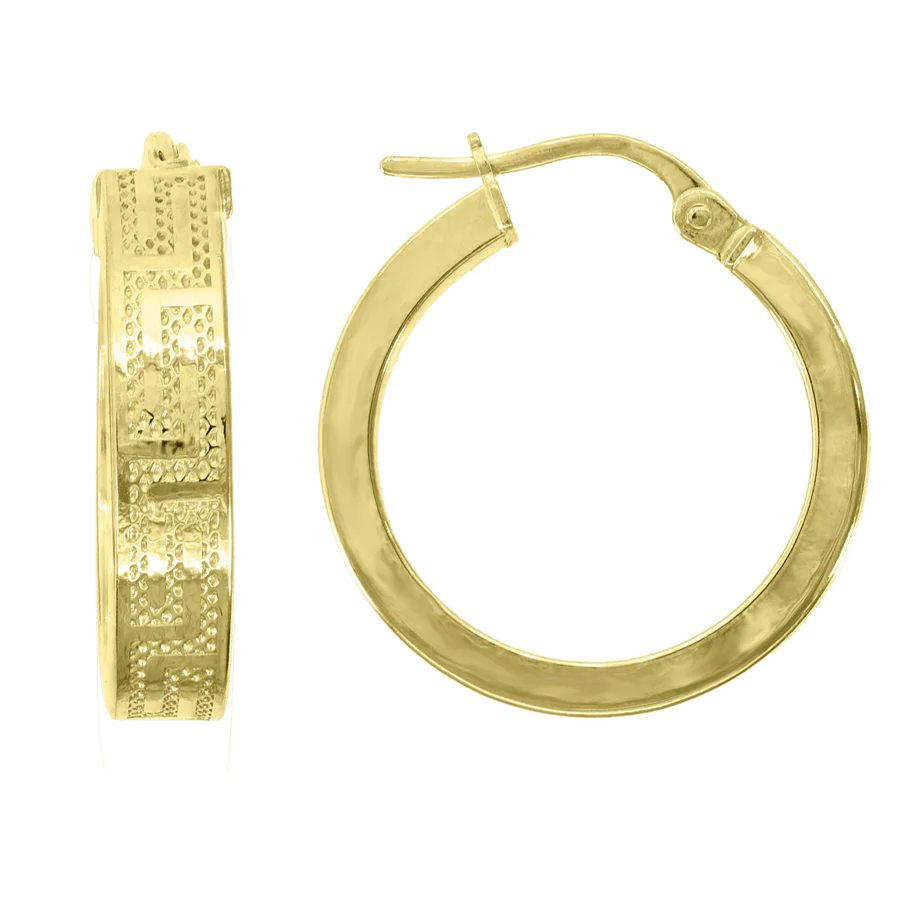Jewelryweb 10k Yellow Gold Womens Greek Key Textured Hoop Earrings