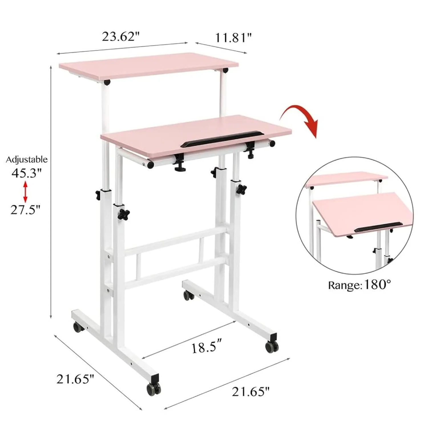 GCP Products Mobile Stand Up Desk, Adjustable Laptop Desk With Wheels Home Office Workstation, Rolling Table Laptop Cart For Standing Or S…