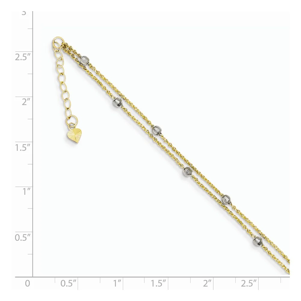 Jewelryweb 14k Two-Tone Gold 2 Stand Spiga Mirror Beads With 1inch Ext Anklet - 9 Inch